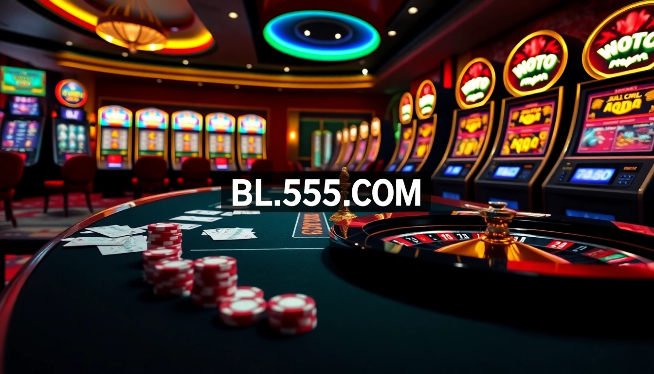 Experience the excitement of gambling at BL555 COM, with vibrant slot machines and an elegant casino table.