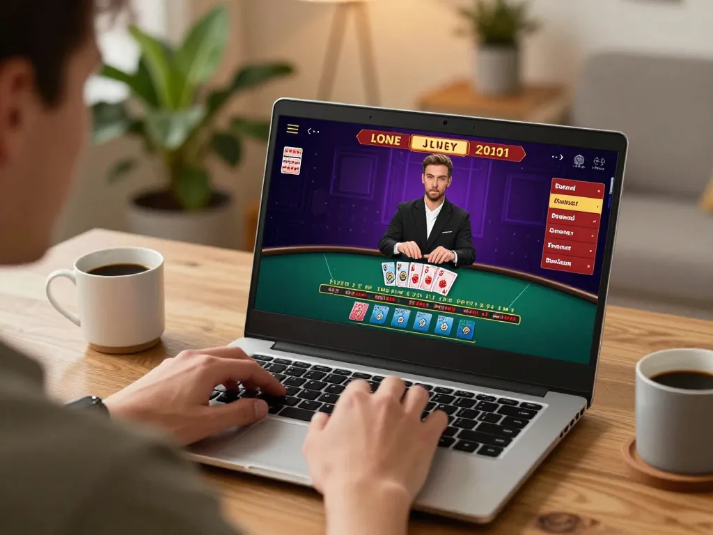 Engaged player exploring RED88 live dealer blackjack on laptop, highlighting responsible online gaming.