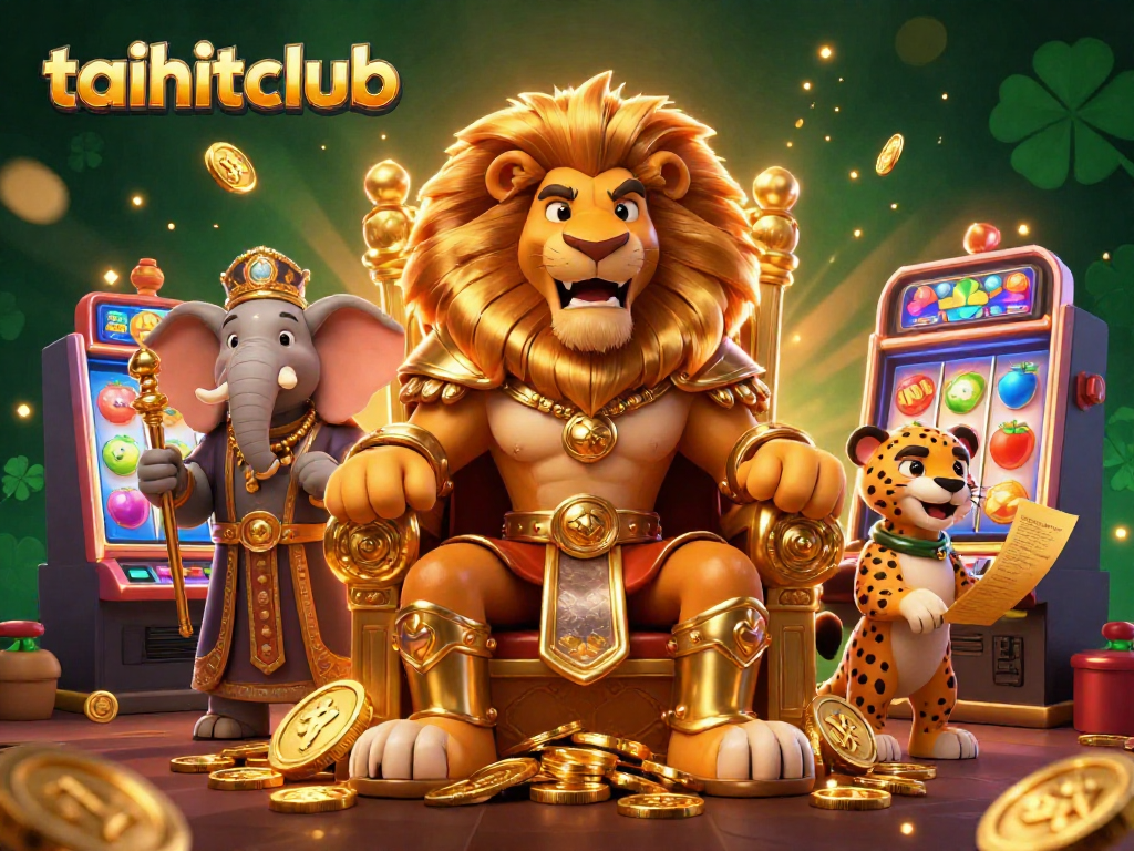 Play with excitement at taihitclub's vibrant casino featuring a lion king, elephant advisor, and dynamic slot machines.
