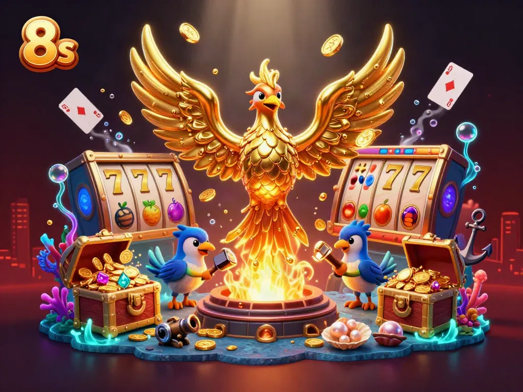 Experience thrilling gameplay with 8s, featuring a molten golden phoenix and vibrant slot elements.