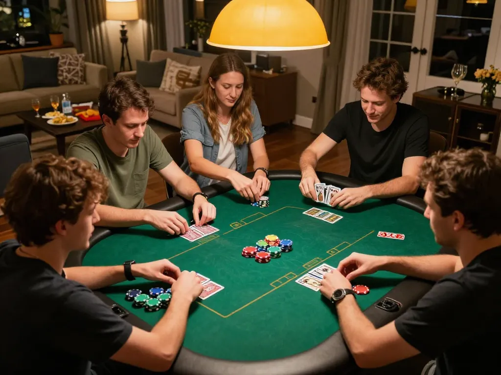 Players engaged in strategic gameplay at a poker night, showcasing sky88 camaraderie and excitement.