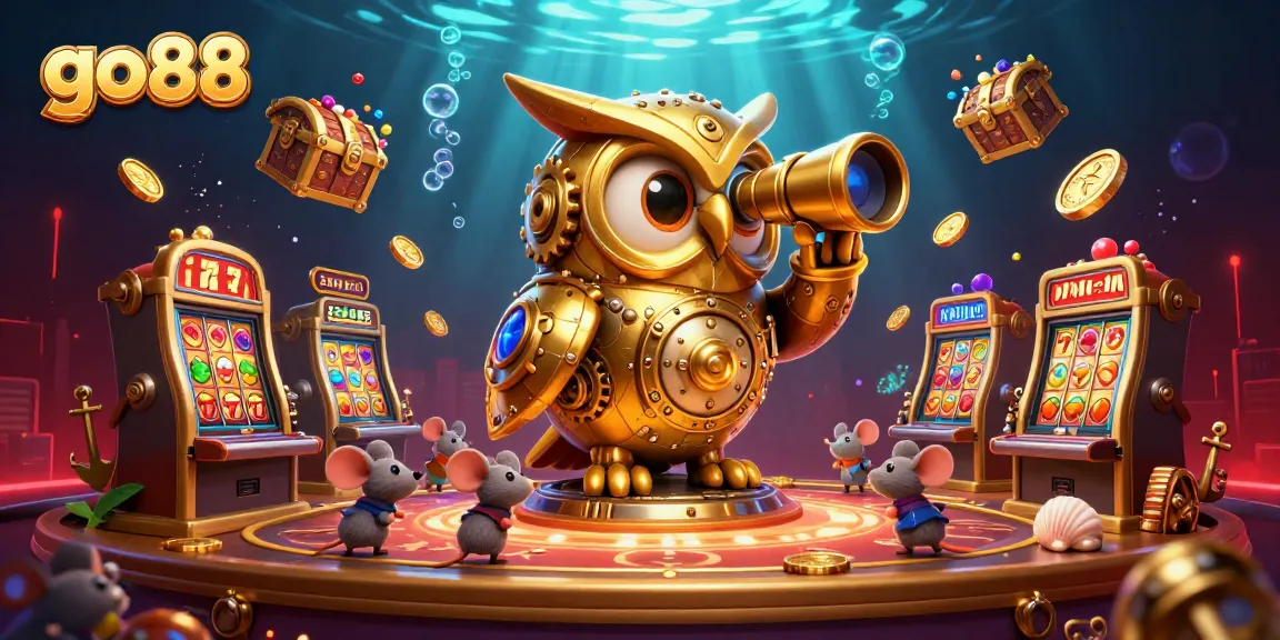Spin and win big at go88 with a lively casino scene featuring whimsical characters and slot elements.