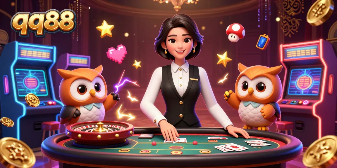 Engage with thrilling qq88 casino games, featuring a warm dealer and vibrant gaming elements.