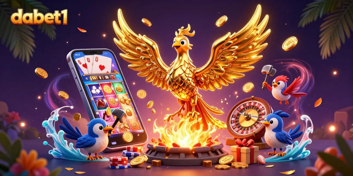 Experience the thrilling world of dabet1 with a stunning golden phoenix in a vibrant casino scene.