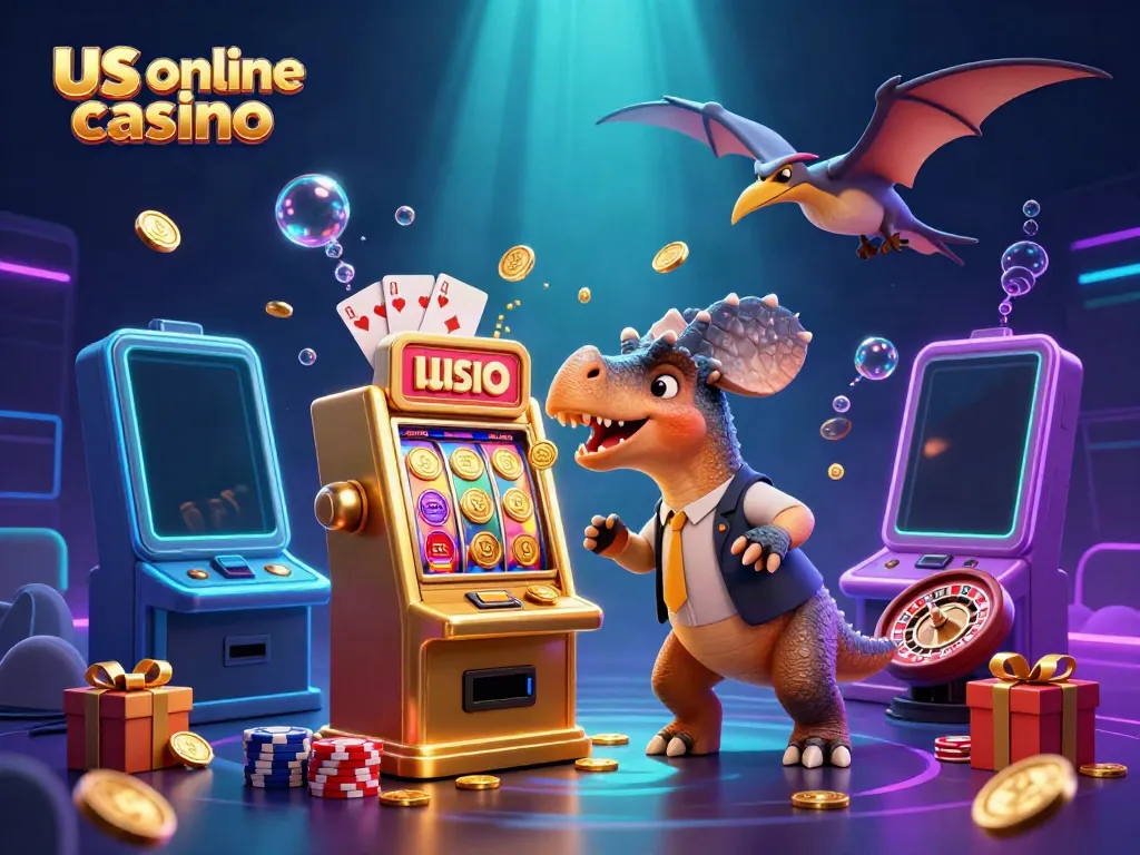 Enjoy exciting us online casino action with a cartoon dinosaur winning jackpots and collecting coins.