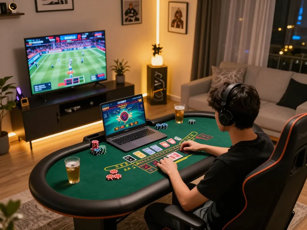Player enjoying a thrilling 56WIN live dealer game on their laptop, showcasing vibrant online gameplay.