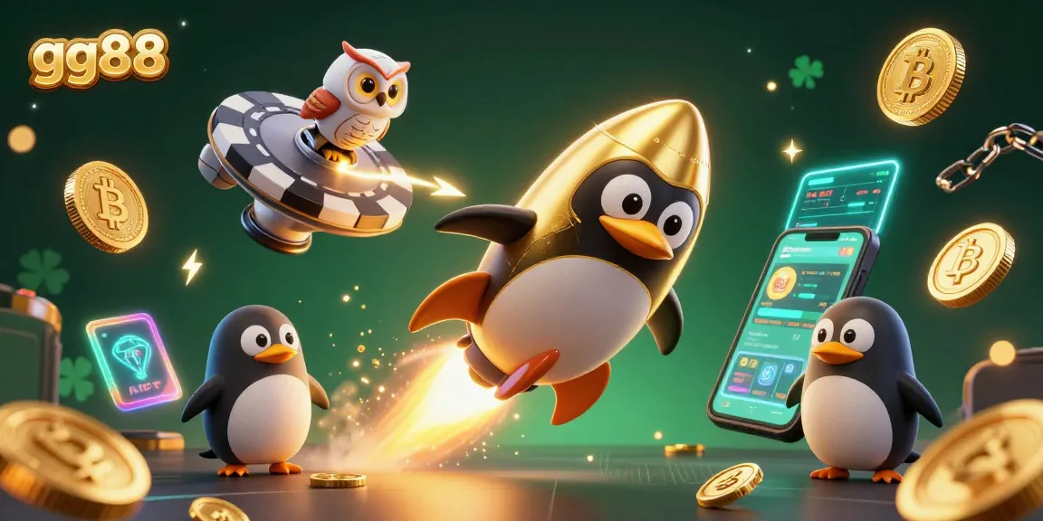 Spin your luck with gg88 as a golden penguin flies towards a poker chip casino.