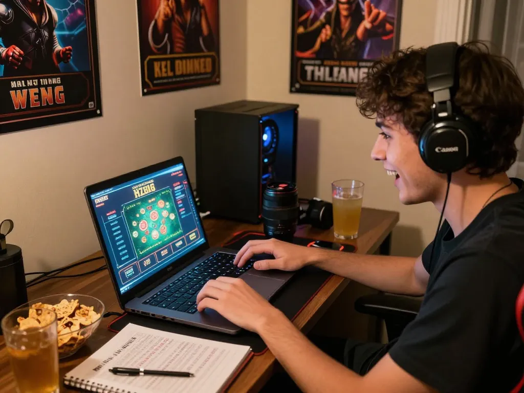 Player engaging in HZ88 online casino gaming at home with snacks and strategies.