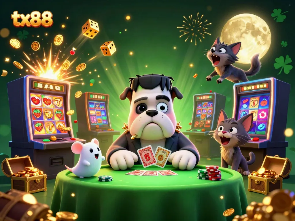 Experience the thrill of tx88 with a captivating scene of a Frankenstein bulldog dealer amid vibrant casino action.