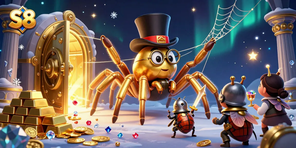 S8 casino illustration featuring a golden tarantula weaving a web of treasure, captivating players with excitement.