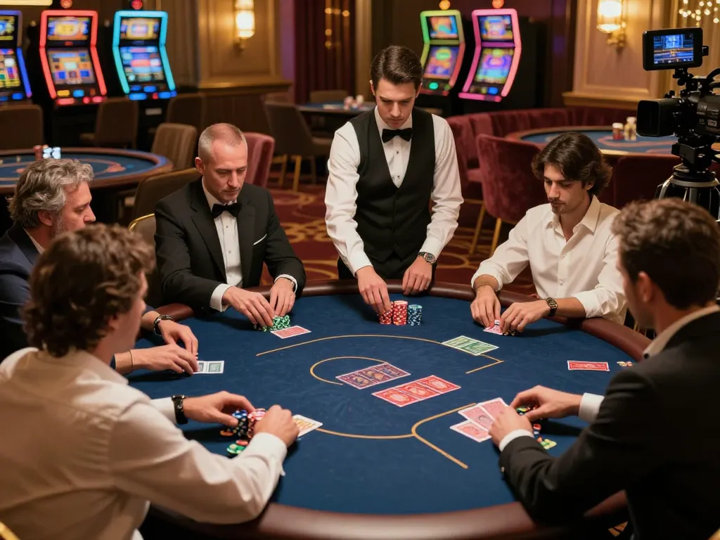 VIPwin players engaging at an upscale poker table in a luxurious casino setting.