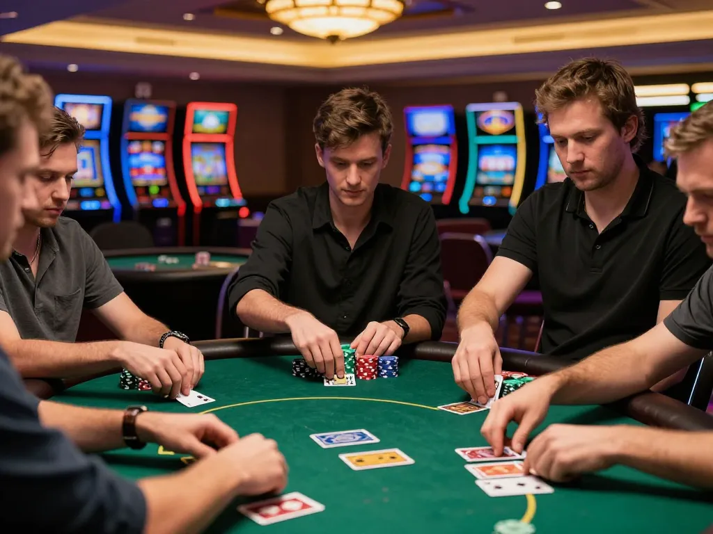 Go99 players strategizing during an intense poker game in a vibrant casino environment