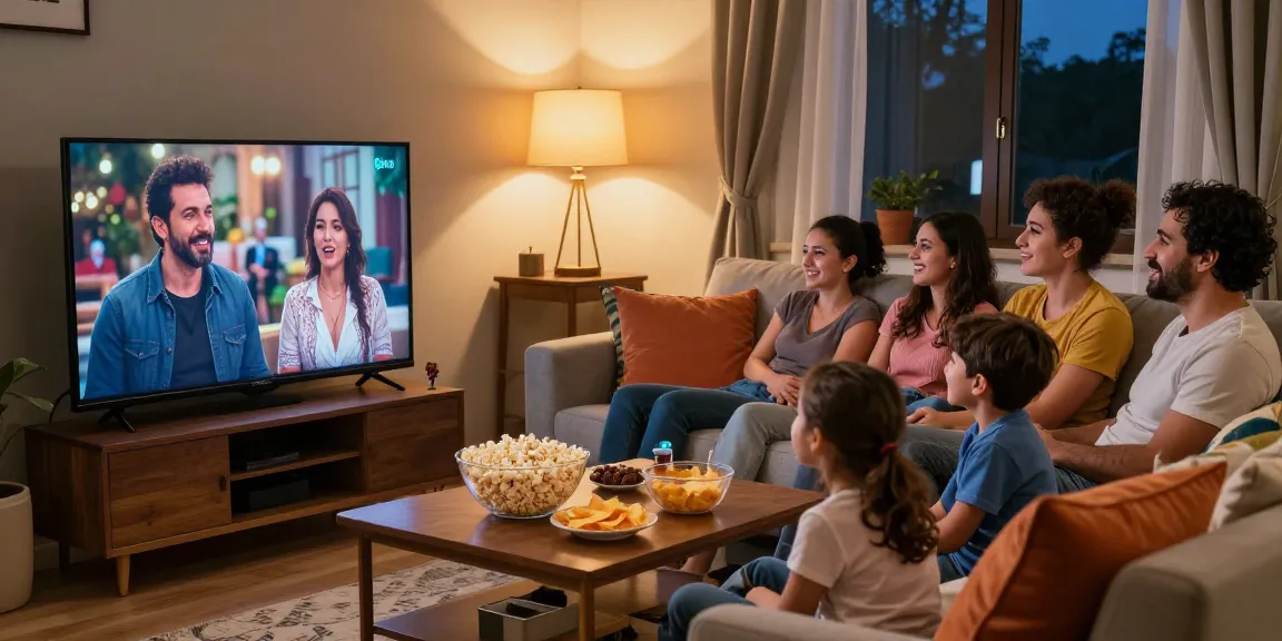 Family enjoying a popular مسلسل، مسلسلات تركية، مسلسلات عربية together in a cozy living room.