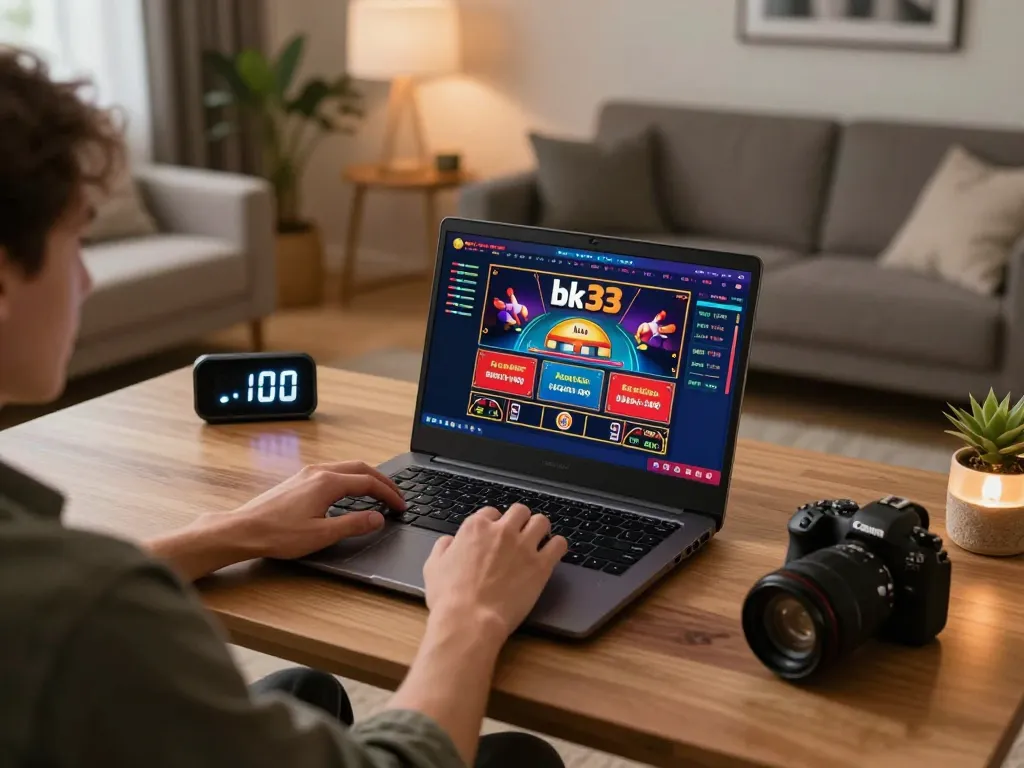Player engaging in bk33 online casino gaming on a laptop in a cozy home environment.