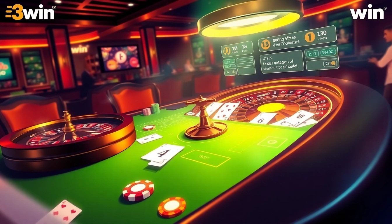 Experience the thrill of the 3win app with vibrant casino visuals showcasing poker chips and a roulette wheel.