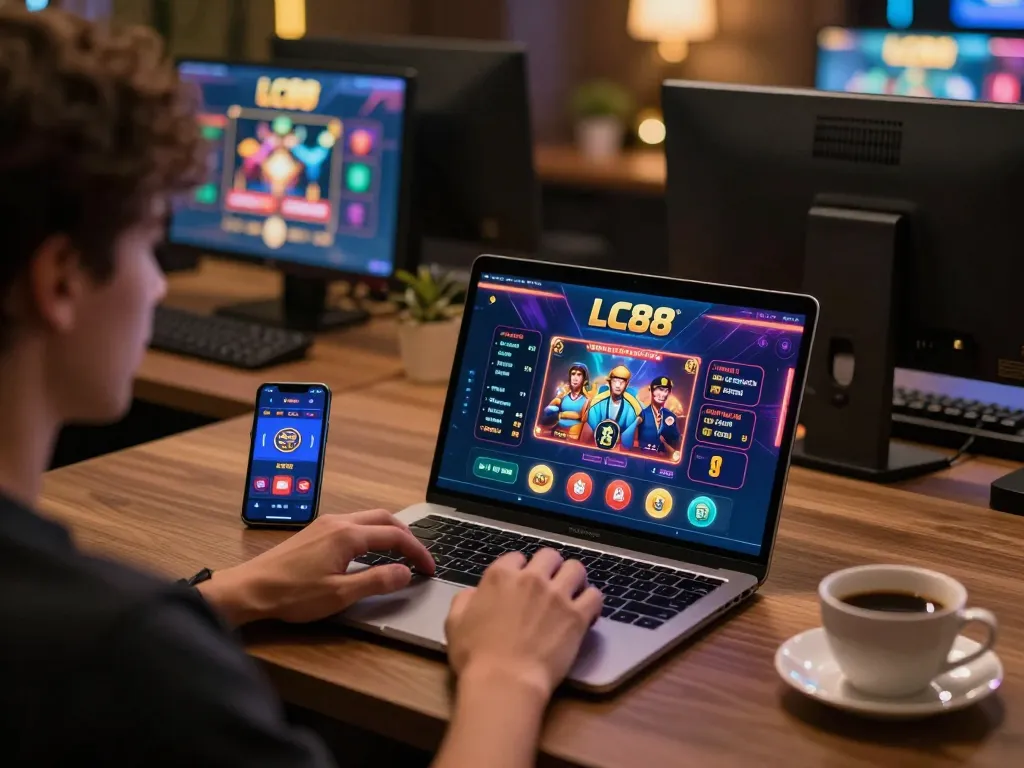 Engaged player using LC88 online casino platform on laptop at a stylish home desk.