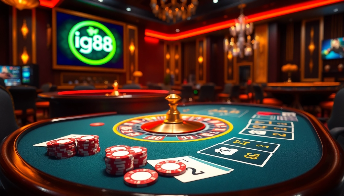 Engaged gamblers enjoying an exciting game session at iq88 casino with vibrant tables and chips.