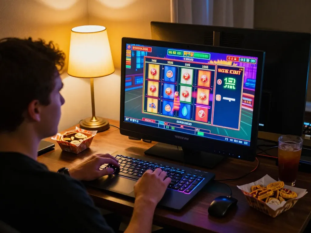 Player immersed in online gaming at go88vv, showcasing vibrant slot machine action and a cozy atmosphere