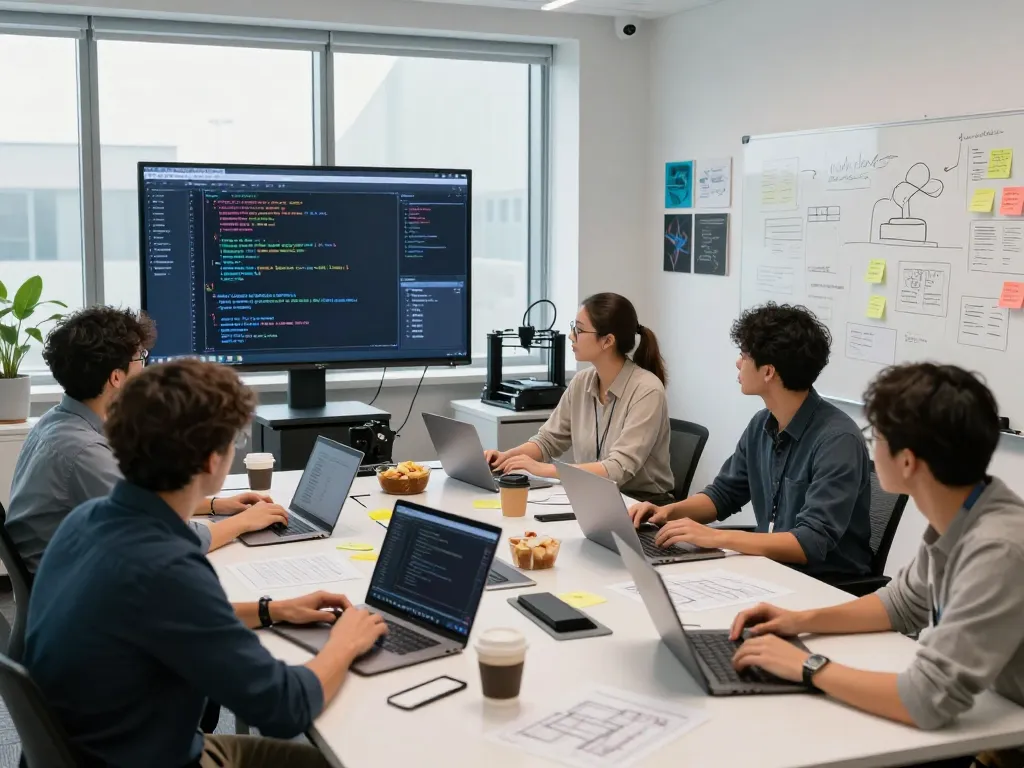 Developers collaborating on hbet software projects in a modern lab environment with teamwork and creativity.