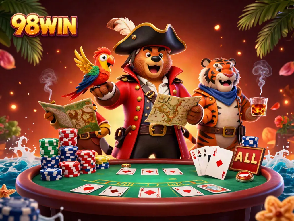 Engage in thrilling gameplay with 98WIN's vibrant casino adventure featuring colorful poker tables.