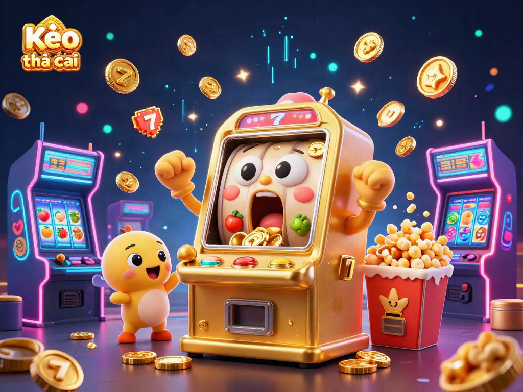 Kèo nhà cái: Celebrate a thrilling jackpot in this vibrant slot machine scene adorned with colorful gaming elements.