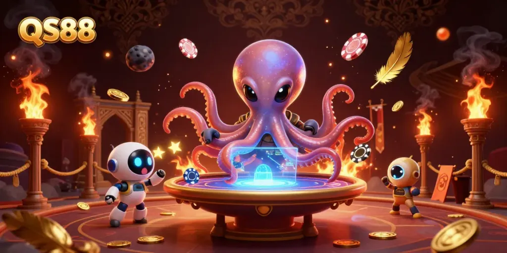 Experience an exciting alien-themed casino scene with QS88, featuring holographic poker gameplay and vibrant elements.