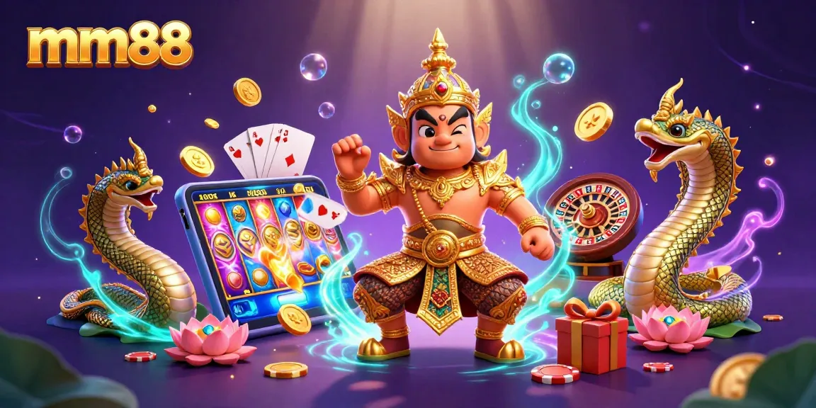 Spin and win with mm88's vibrant slot games amidst legendary guardians in a colorful casino scene.
