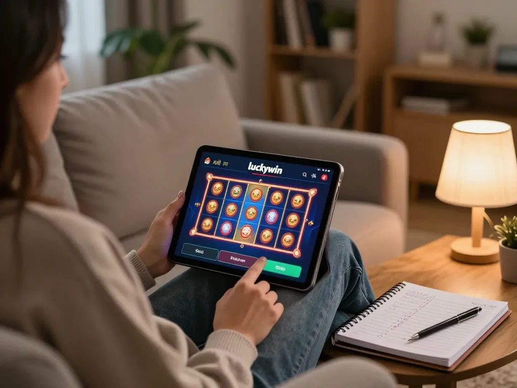 Player engaging with Luckywin on tablet in inviting home setting, showcasing strategic online gambling.