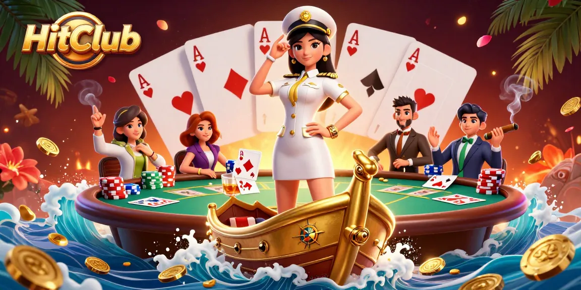 HitClub illustrates a dynamic poker scene with immersive elements like chips and cards.