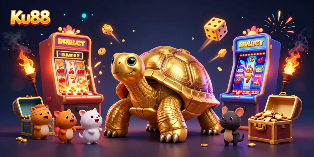 Experience excitement at Ku88 with a vibrant 3D casino scene filled with dynamic gaming elements.