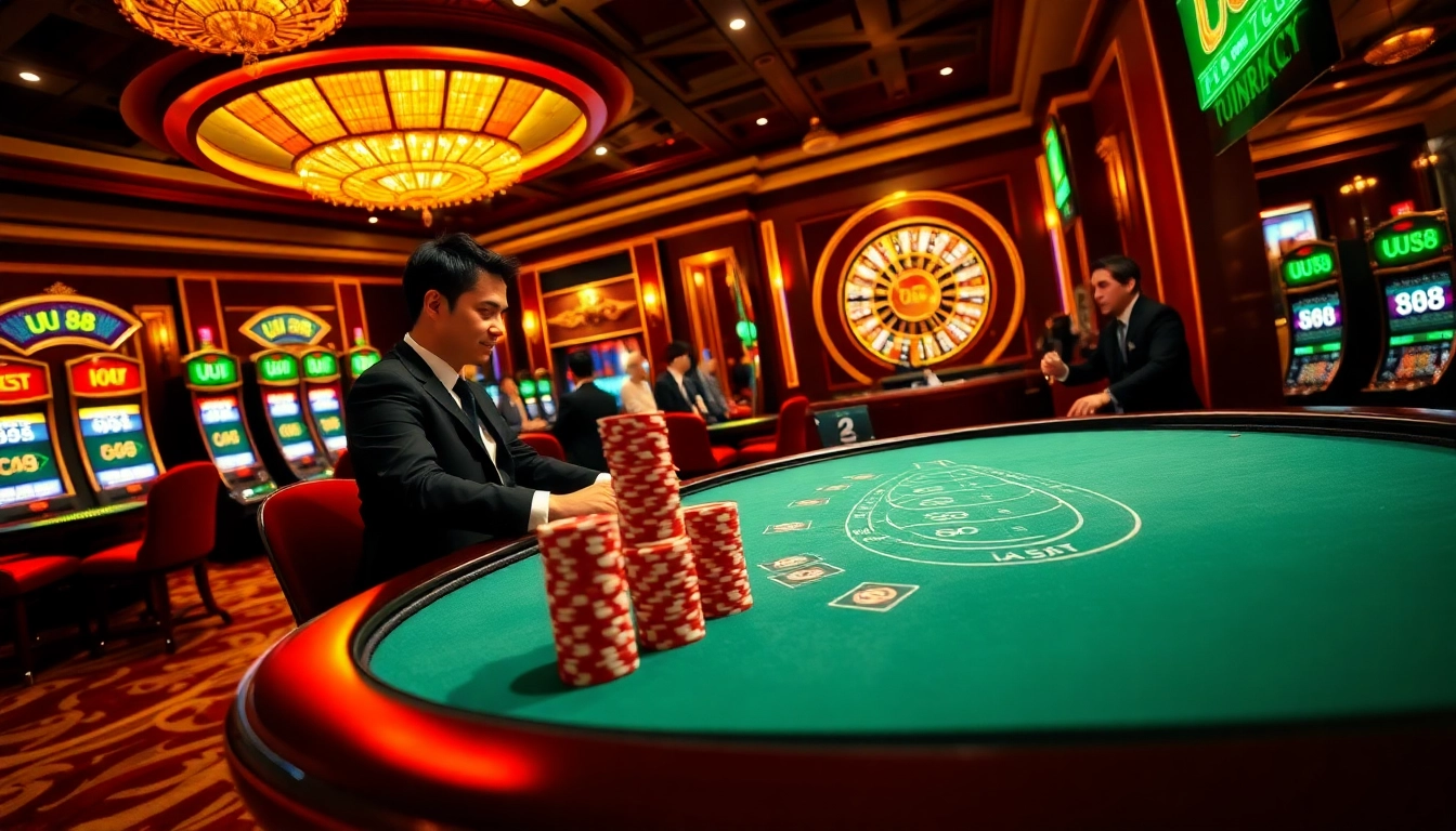 Experience the excitement at UU 88's luxury casino, featuring vibrant tables and slot machines.