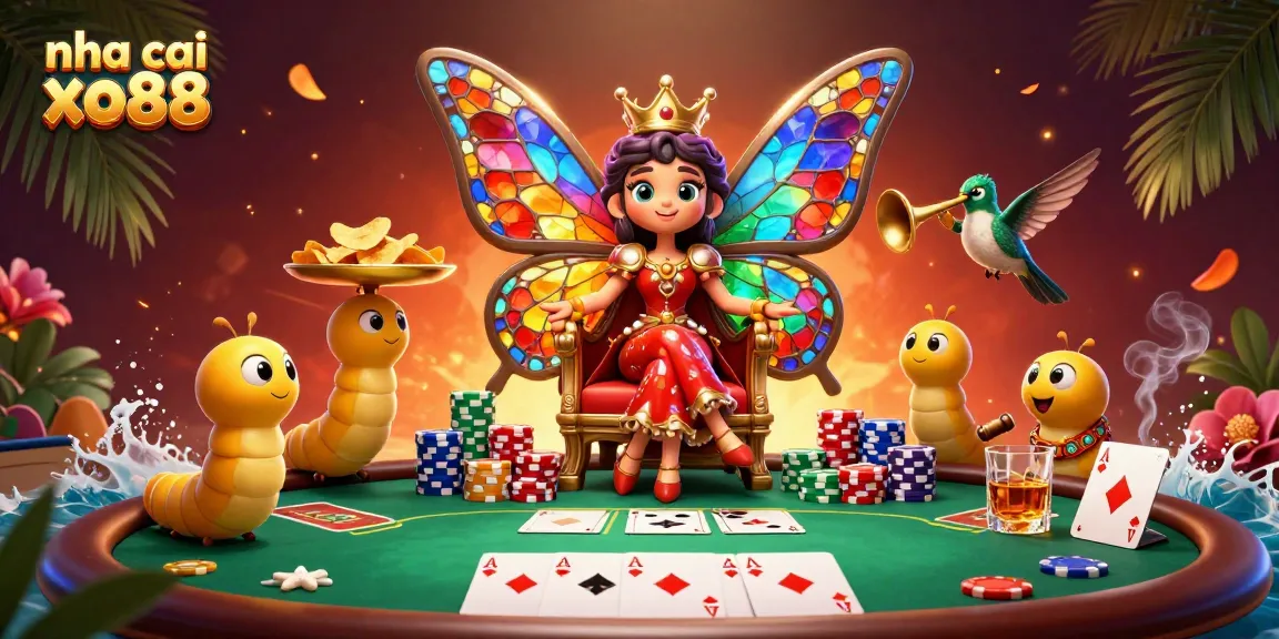 The 3D illustration features the butterfly queen with the vibrant stained-glass wings, symbolizing nha cai xo88, amidst a dynamic poker scene.