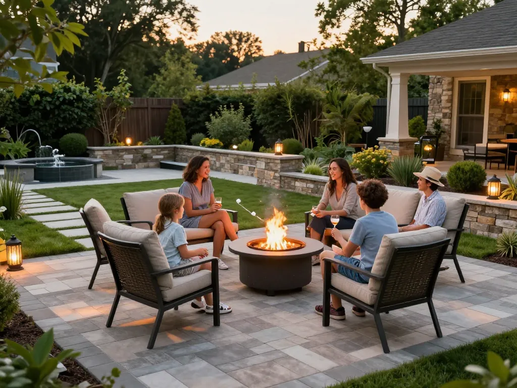 Paver installation near me showcased in a cozy family gathering around a fire pit on a custom patio.
