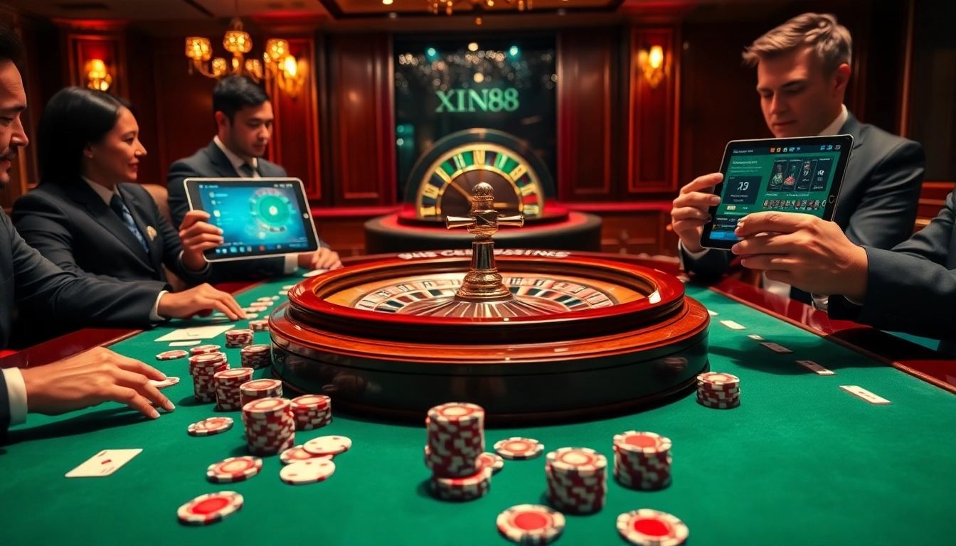 Players enjoying a thrilling poker game at Xin88, featuring vibrant chips and cards.