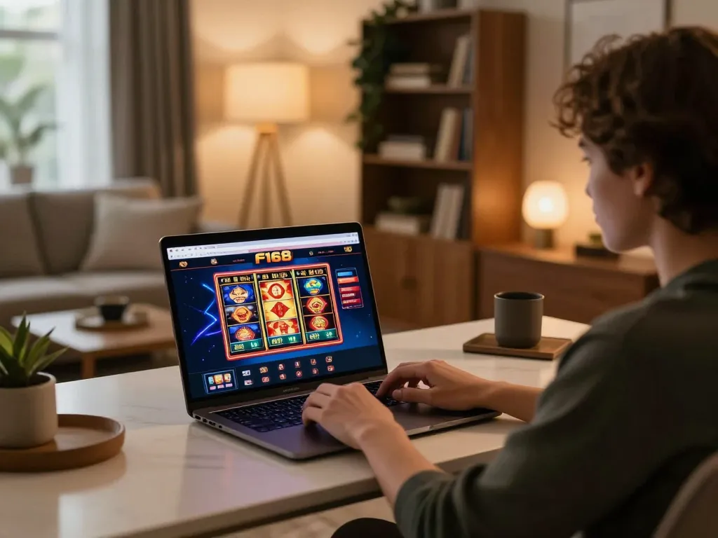 Player enjoying a thrilling moment on the F168 online casino website from a cozy home office.