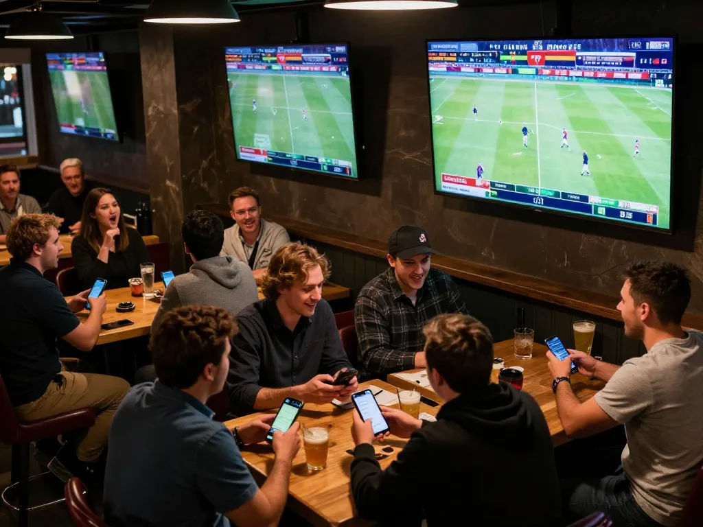 JUN88 users engaging in live sports betting with mobile apps, watching matches on multiple screens, vibrant atmosphere.