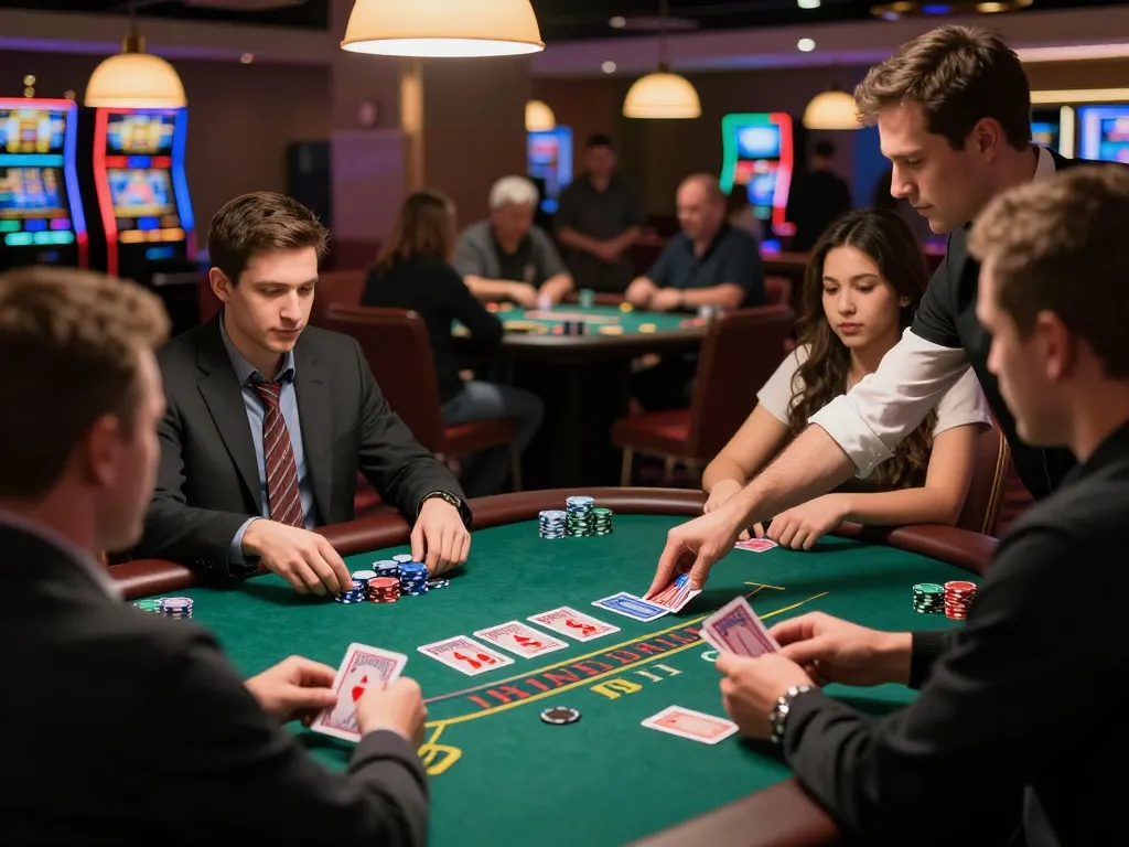 Players engaged in an intense MB66 blackjack game at a lively casino table.