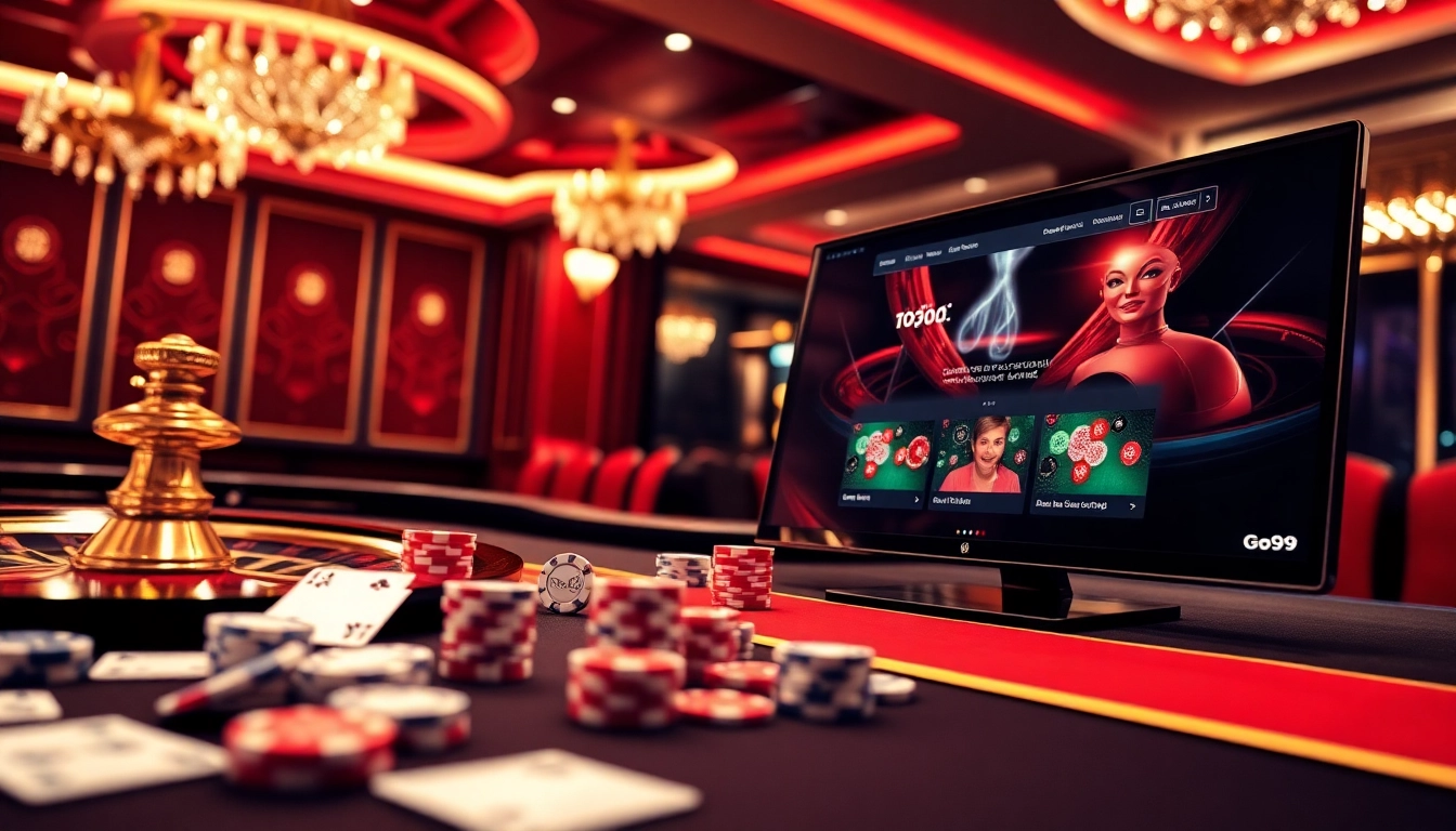 Experience the thrilling atmosphere at the trang chủ go99, featuring vibrant casino elements like roulette and poker.