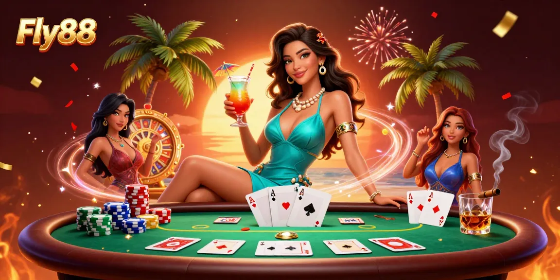 Engage in gaming excitement with Fly88, featuring a stunning casino scene filled with vibrant elements.