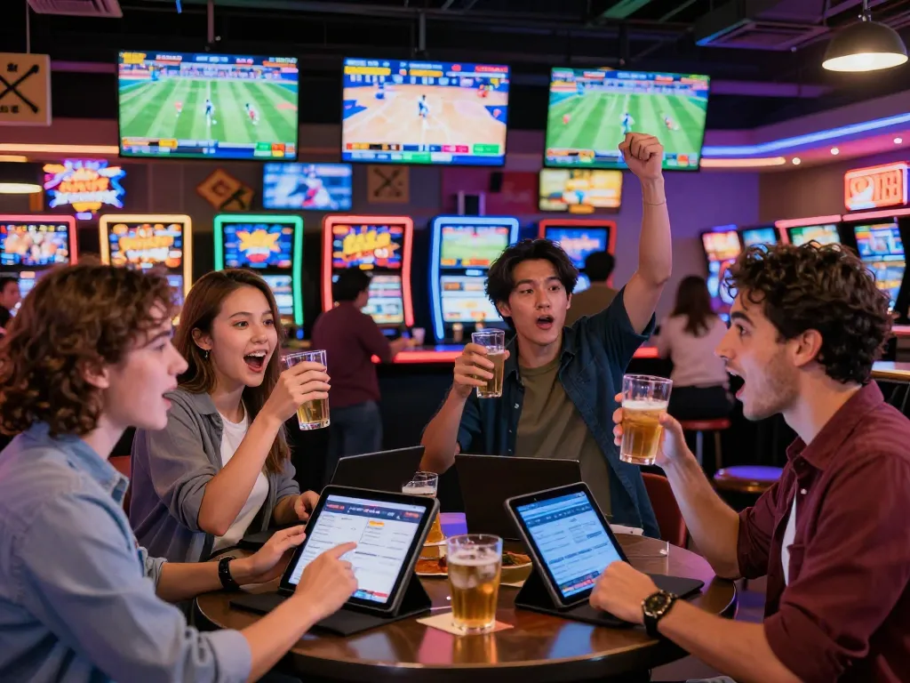 Fans place bets on live sports at 88xeng's vibrant casino sports bar, creating an exciting atmosphere.