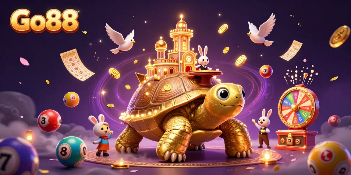 Experience Go88 gaming thrills with a golden tortoise casino scene, vibrant game elements, and a dealer.