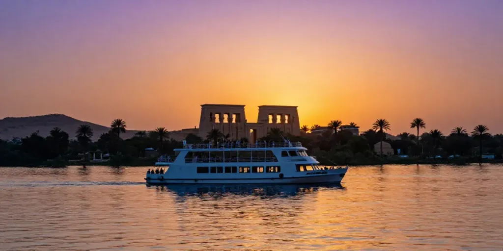Lake Nasser Cruise on a tranquil evening, showcasing ancient temples and luxury cruise.