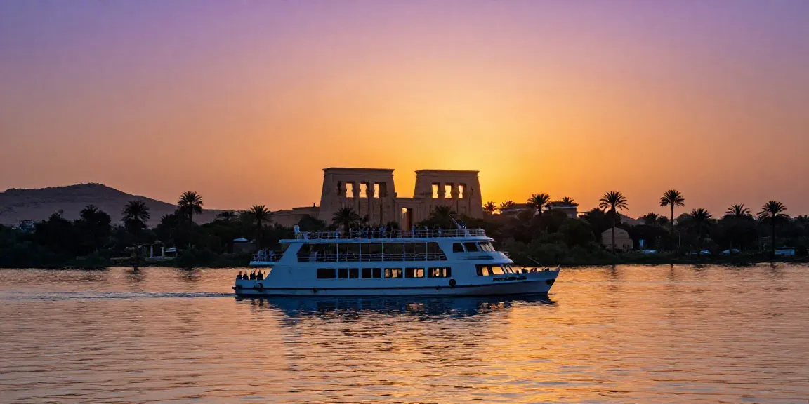 Lake Nasser Cruise on a tranquil evening, showcasing ancient temples and luxury cruise.