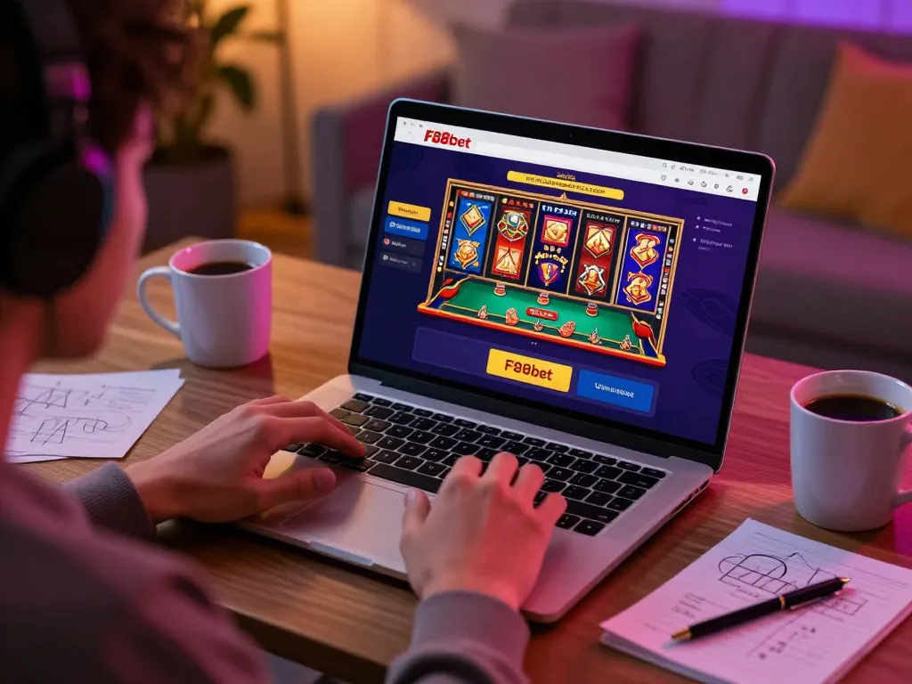 Play F88bet in a cozy home setting with an engaging online casino interface on the laptop