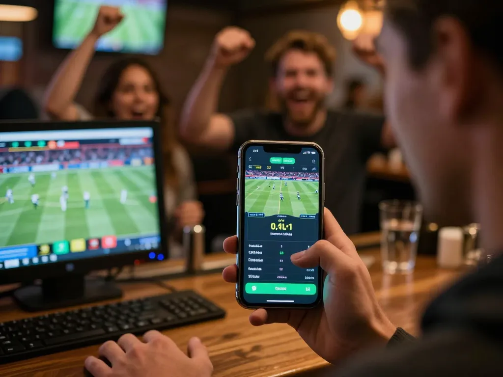 Engaging in xem bóng đá trực tiếp while placing bets on football matches via a smartphone in a lively sports bar environment