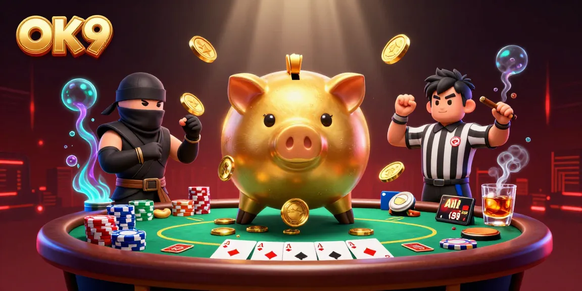 Experience the exciting OK9 casino with a golden piggy bank sumo wrestler amidst vibrant poker gameplay.