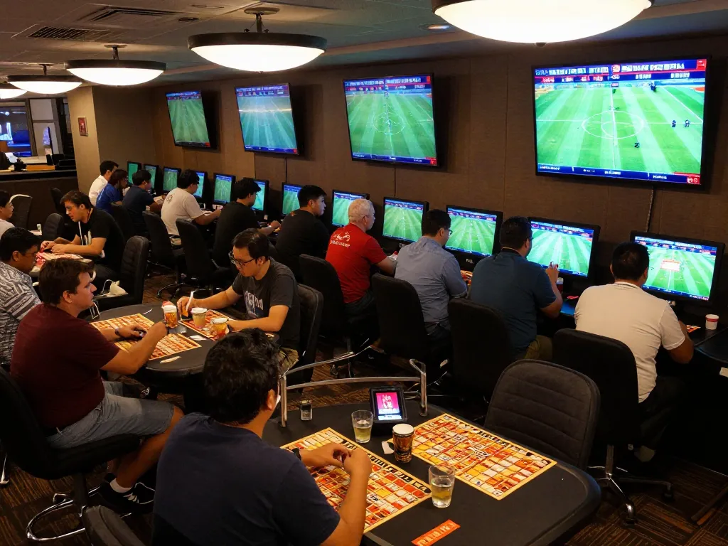 Betters actively engaging in kèo bóng đá trực tuyến at a modern casino with live screens and betting slips