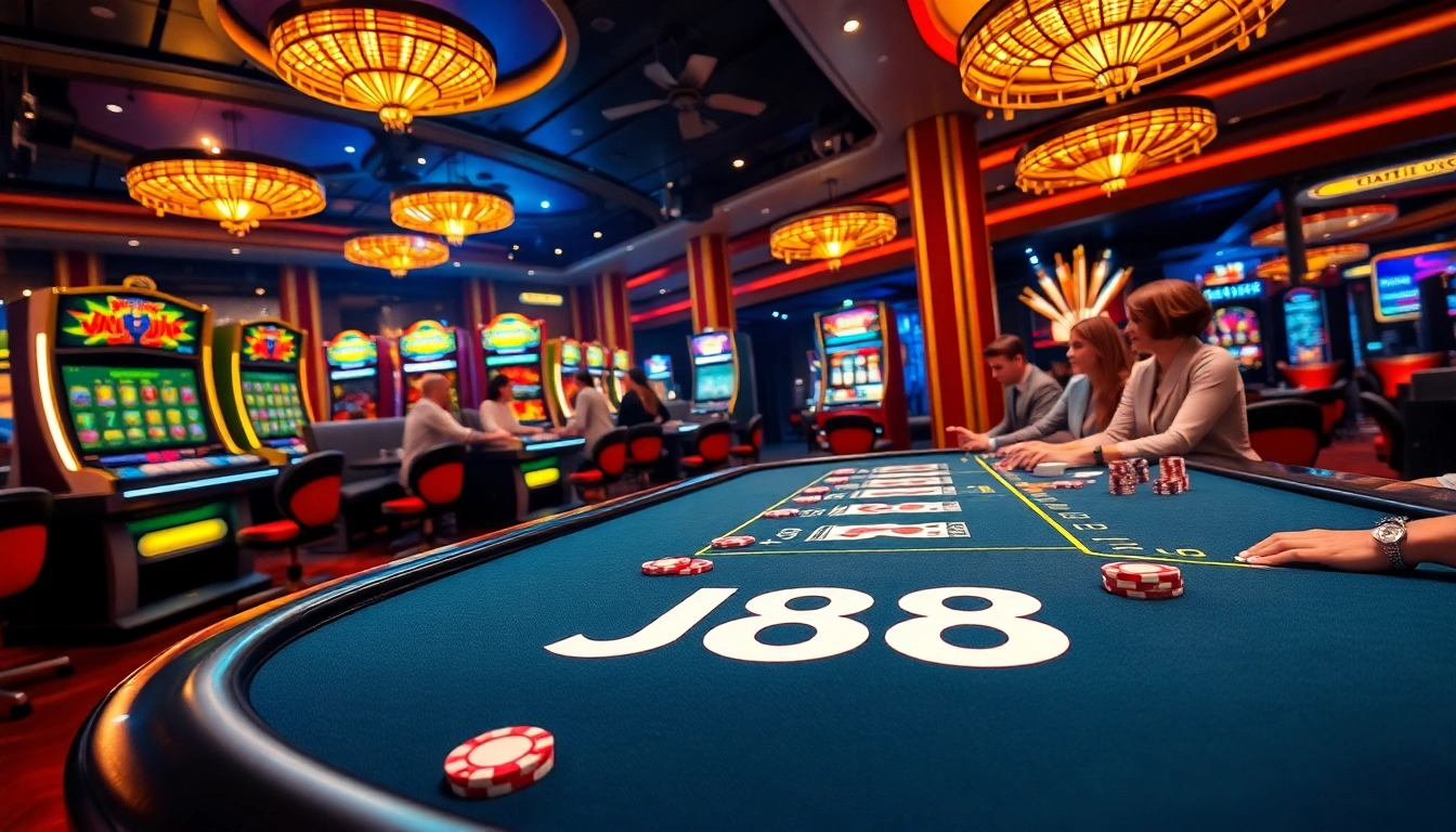 Experience the excitement of J88 gameplay amidst colorful casino elements like chips and cards.