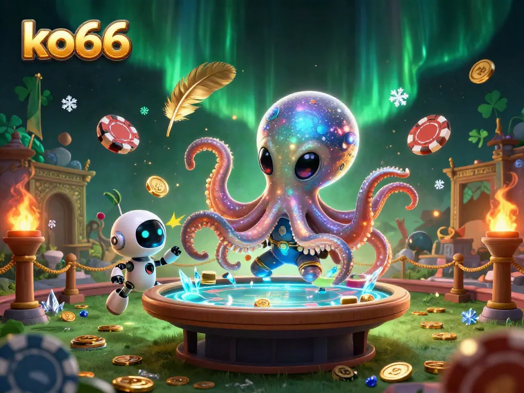 Engage with the exciting world of ko66 in this vibrant 3D illustration featuring an alien octopus and poker action.