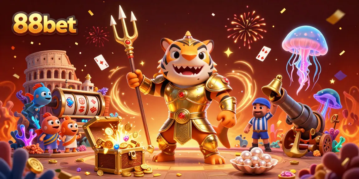 Engage in thrilling 88bet slots action with a vibrant cartoon scene featuring a gladiator shark.